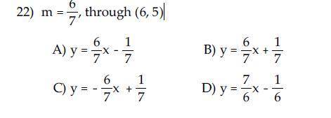 Write an equation for the line described. Give your

answer in slope-intercept form.
m=6/7, throug