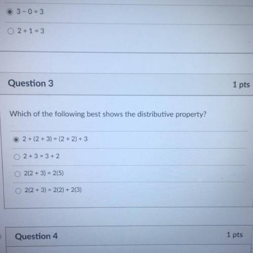 Someone helpp. Which of the following best shows the distributive property?

2 + (2 + 3) = (2 + 2)