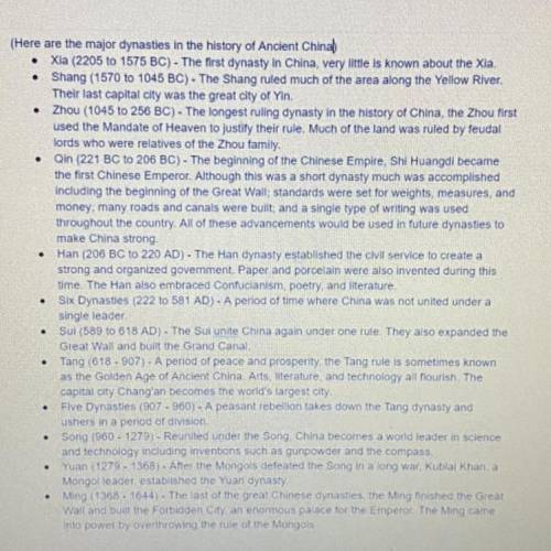 1. Based on the timeline above, which is the last great Chinese Dynasty?