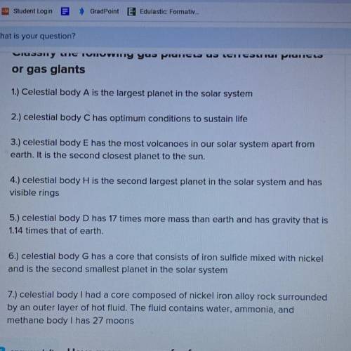 Classify the following gas planets as terrestrial planets or gas giants