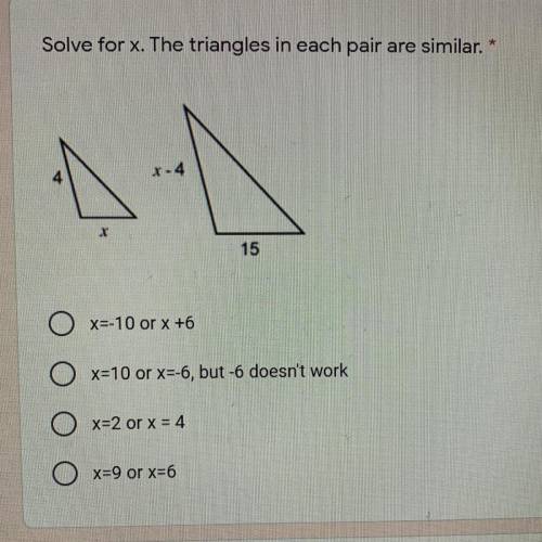 Solve for x. The triangles in each pair are similar.
Pls can you help me? Thx!