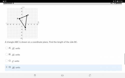 A triangle ABC is drawn on a coordinate plane. Find the length of the side BC.

It's not the one m