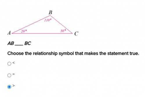 Please help. AB ___ BC Choose the relationship symbol that makes the statement true. see the pictur