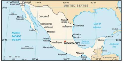 Which city is located at approximately 19°N, 105°W? A)Mérida B)Guadalajara C)MexicoCity D) Puerto V