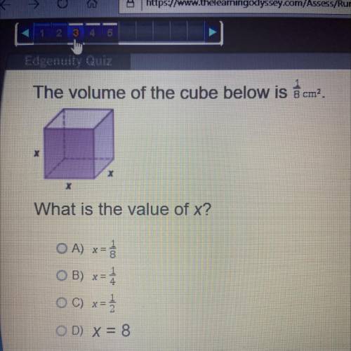 The volume of the cube below is 1/ 8 cm² what is the value of X