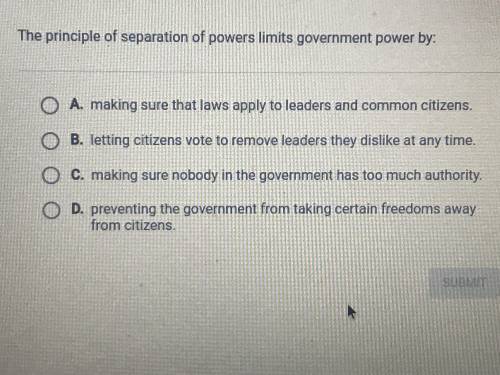 The principle if separation of powers limits government power by: