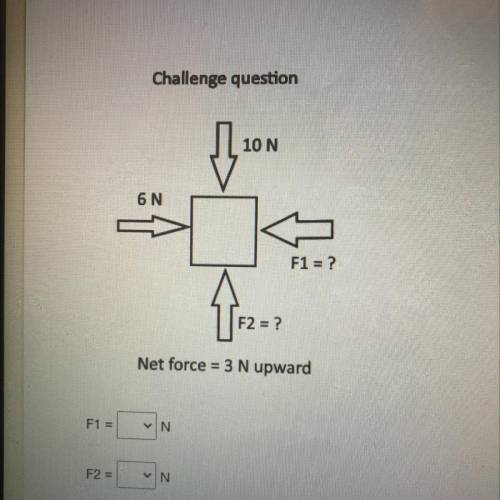 Challenge question
10 N
6 N
F1 = ?
F2 = ?
Net force = 3 N upward