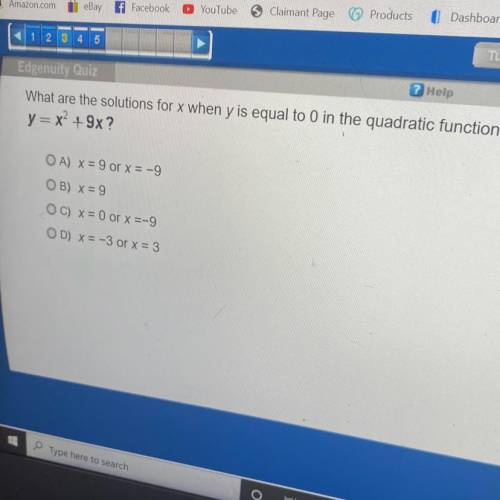 What are the solutions for x when y is equal to 0 in the quadratic function
y = x2 +9x?