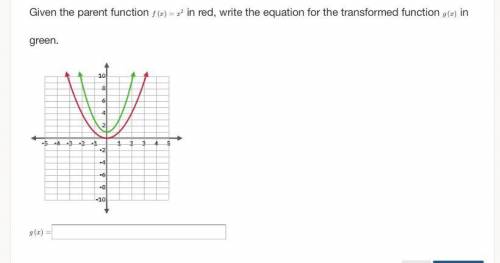 Given the parent function f(x)=x^2 in red, write the equation for the transformed function g(x) in