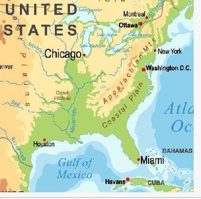 Jessica is traveling from Miami, Florida, to Chicago, Illinois. Using the map, tell what the land w