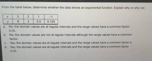 From the table below, determine whether the data shows an exponential function. Explain why or why