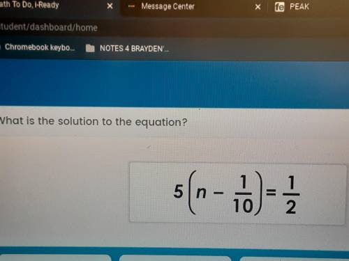 What is the solution to the equation 5 (n- 1/10) = 1/2