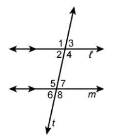 Lines l and m are intersected by transversal t. l ∥ m.
If m∠4 = 105, what is m∠5?