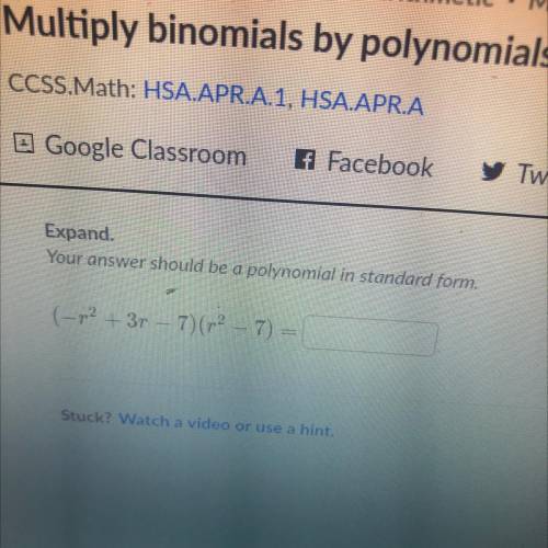 Expand. Your answer should be a polynomial in standard form. (-r^2+3r-7)(r^2-7)