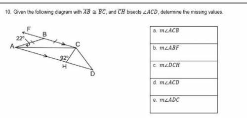 Given the following diagram with line AB congruent to line BC, and line CH bisects <ACD, determi