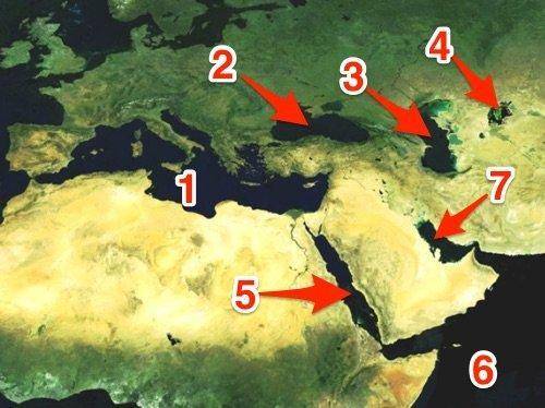 Identify the number that is CLOSEST to the Strait of Hormuz.

A) 1 
B) 3 
C) 5 
D) 7