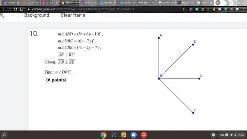 angle ABD equals 5x+6y+10 angle DBC equals 6x-7y angle CBE equals 4x-2y-7. AB is perpendicular to B