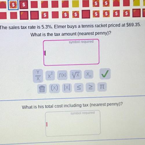 The sales tax rate is 5.3%. Elmer buys a tennis racket priced at $69.35.

What is the tax amount (