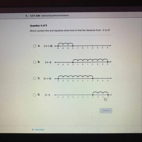 Which number line and equation show how to find the distance from -2 to 5?