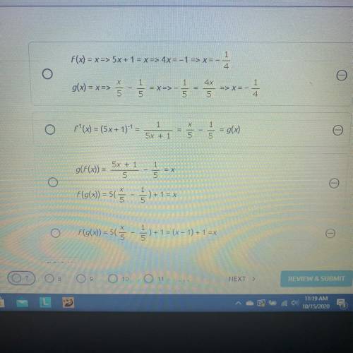 7. Two functions are defined below.

F(x) = 5x + 1
g(x) = x/5 - 1/5
Which presentation best establ