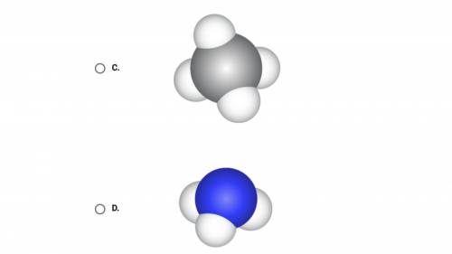 In models of molecules, gray spheres are carbon atoms, white spheres are hydrogen atoms, red sphere