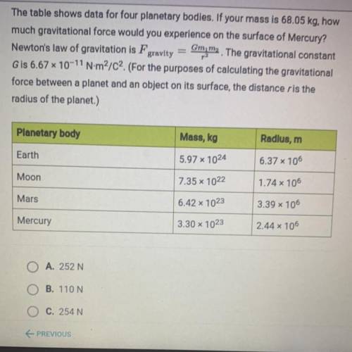 If the mass is 68.05kg, how much gravitational force would u experience on the surface of mercury?