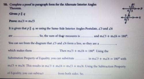 Complete a proof in paragraph form for the alternate interior angles theorem

plzzzz plz plzzz hel