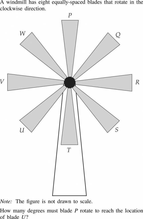 A windmill has eight equally spaces blades that rotate in the clockwise direction How many degrees