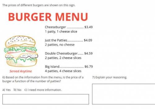 Based on the information from the menu, is the price of a burger a function of the number of pattie