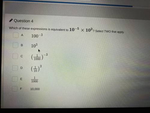 What expressions are equivalent to 10^-5x10^2