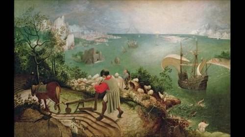 Write a summary capturing what you see in the painting.
Landscape with the Fall of Icarus