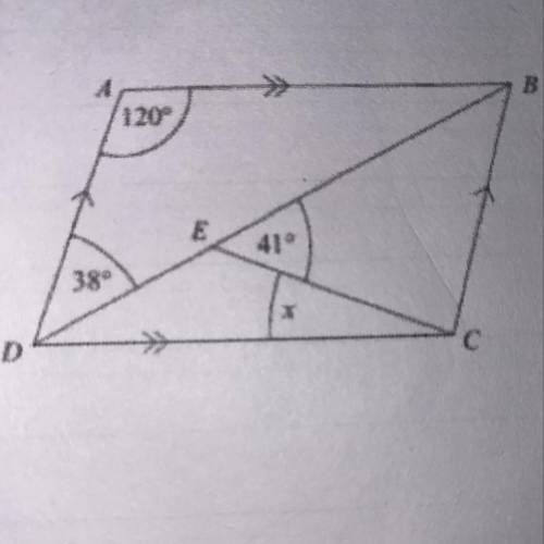 Q4. ABCD is a parallelogram.

Angle ADB = 38°
Angle BEC = 41°
Angle DAB = 120°
Calculate the size