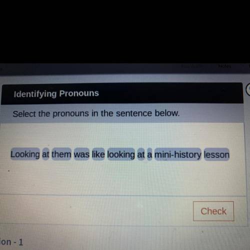 Select the pronouns in the sentence below.

Looking at them was like looking at a mini-history les