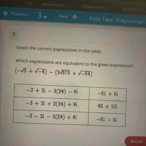 Which expressions are equivalent to the given expression?
(-V9 + V-4) - (2576 + V-64)