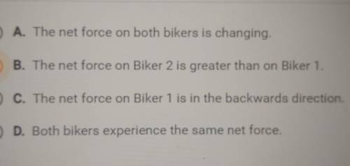 Two bicyclist are accelerating forward at the same rate. Biker 1 has less mass than biker 2. Which