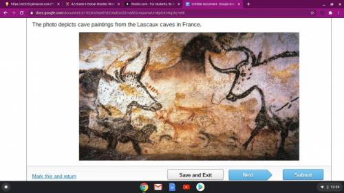 The photo depicts cave paintings from the Lascaux caves in France.

A painting on a rock wall depi