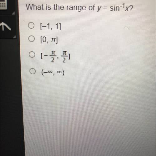Please help!!

What is the range of y = sin 1x?
O f-1, 1]
[O, TI]
ol-
(_00,00)