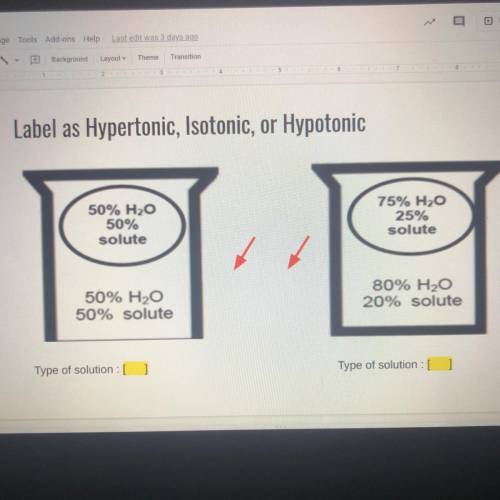Label as Hypertonic, Isotonic, or Hypotonic

50% H2O
50%
solute
75% H2O
25%
solute
50% H20
50% sol