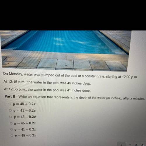On Monday, water was pumped out of the pool at a constant rate, starting at 12:00 p.m.

At 12:15 p