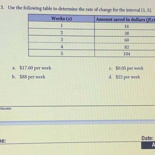 3. Use the following table to determine the rate of change for the interval (1,5). HELP!

a. $17.6
