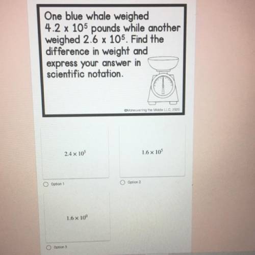 One blue whale weighed

4.2 x 105 pounds while another
weighed 2.6 x 105. Find the difference in w