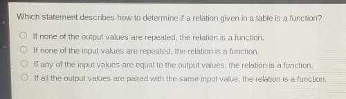 Which statement describes how to determine if a relation given in a table is a function? OIf none o