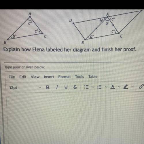 Elena wants to prove that the measures of the 3 angles in a triangle always sum to 180 degrees. She