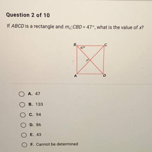 If ABCD is a rectangle and m_CBD = 47°, what is the value of X?