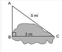 The figure shows the location of three points around a lake. The length of the lake, BC, is also sh
