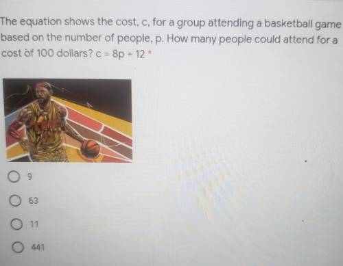 The equation shows the cost, c, for a group attending a basketball game based on the number of peop
