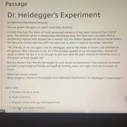 Please help!! What allegory is found in this excerpt from Nathaniel Hawthornes “Dr. Heidegger’s Exp