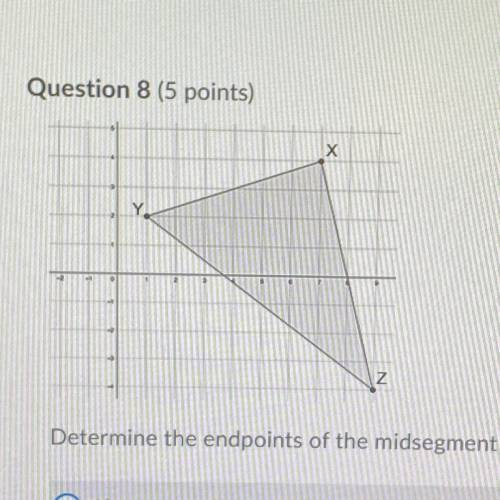 Question 8 (5 points) Determine the endpoints of the midsegment connecting side YX and side YZ.

A