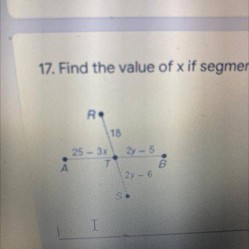 Find the value of x if segment rs bisects segment ab and rs = 38