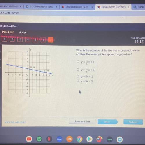 What is the equation of the line that is perpendicular to and has the same y-intercept as the given